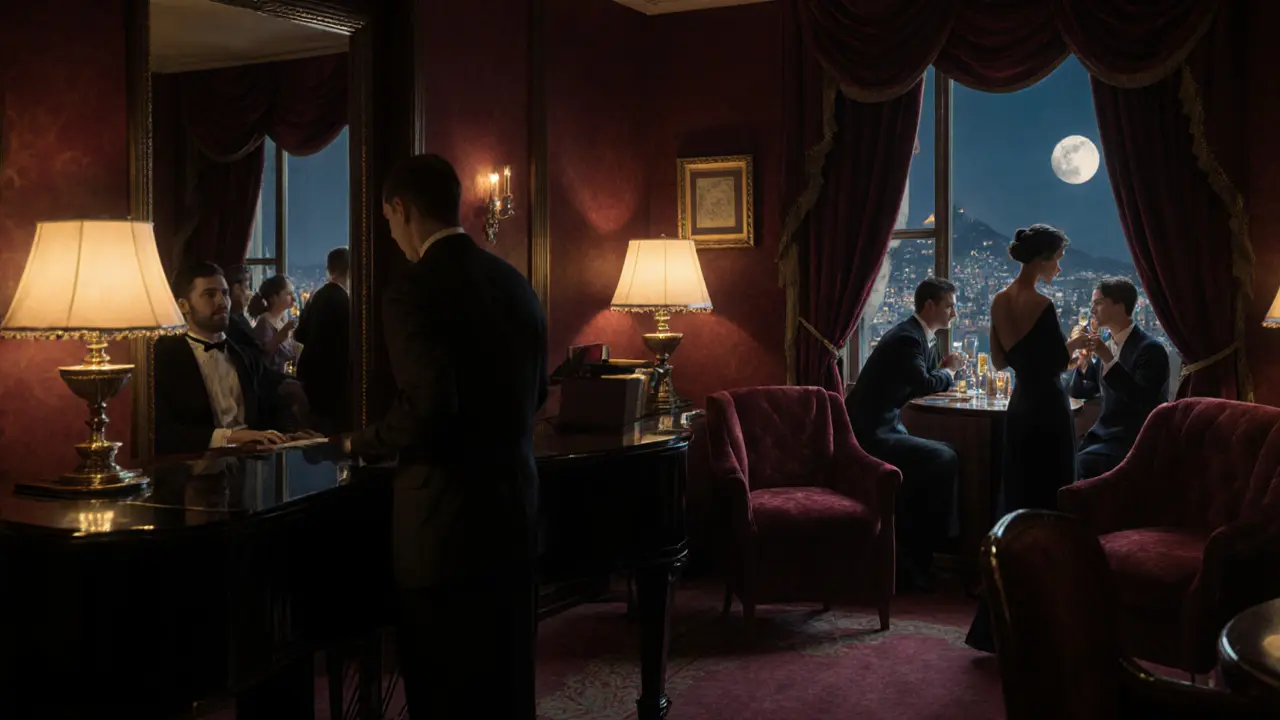A quiet 1920s piano bar in a casino, dimly lit, with a man playing piano and guests sipping champagne in silence.
