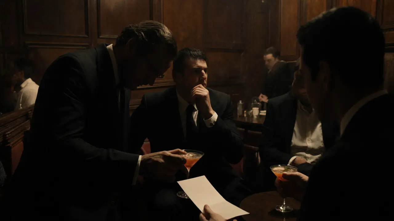 A quiet expat gathering in a dimly lit lounge, exchanging a note in a scene of trust and confidentiality.