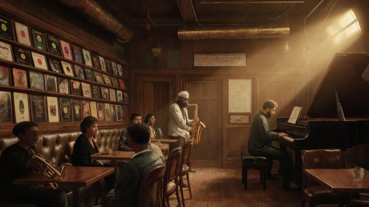A quiet jazz room with musicians performing under golden light, surrounded by vintage vinyl and leather chairs.
