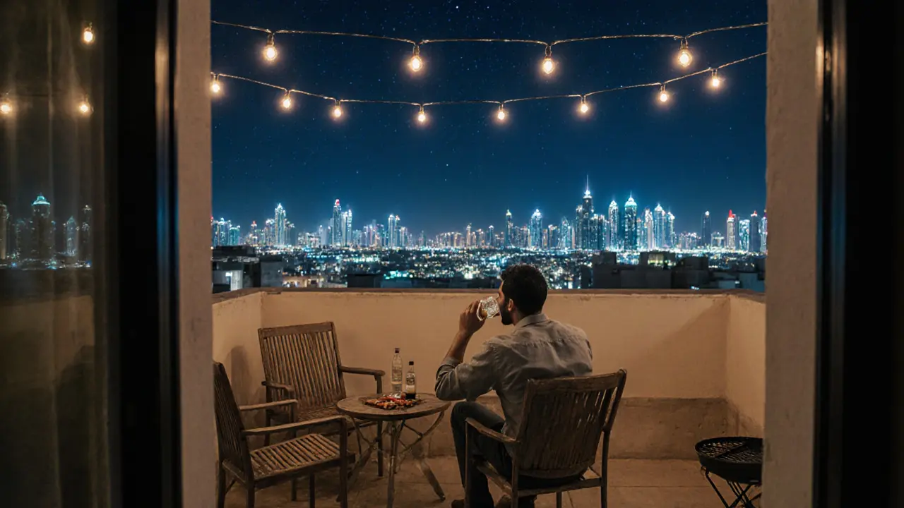 A quiet rooftop in Khalifa City at night, with people relaxing in armchairs under fairy lights and a glowing city skyline.
