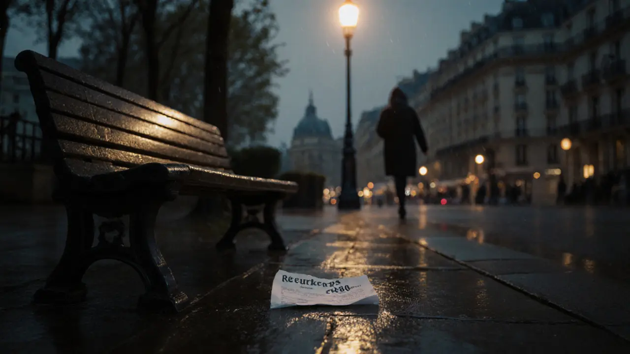 A rainy Paris street at dusk, a discarded hotel receipt lies on wet pavement under a lone streetlamp.