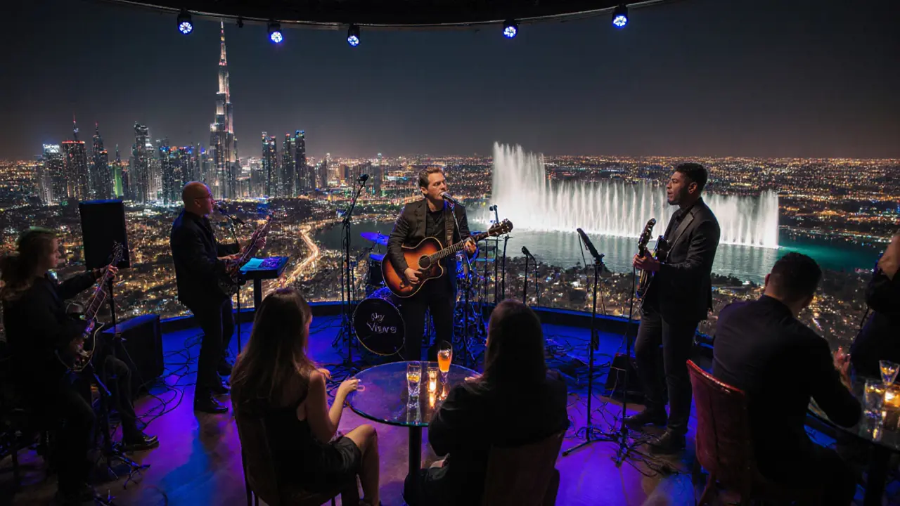 A rooftop live band performing at night with the Burj Khalifa and Dubai Fountain glowing in the background.