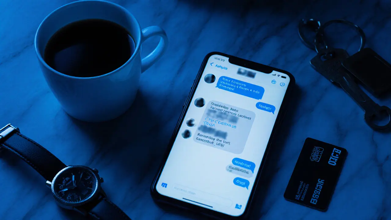 A smartphone on a marble surface displaying an encrypted messaging app with no visible text or identities.
