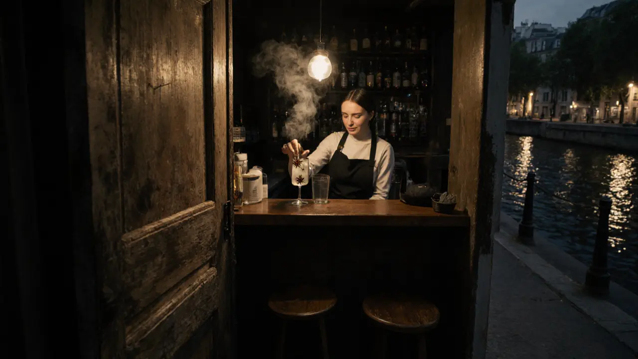 A tiny secret bar behind a laundry shop by the canal, with one bartender pouring a drink under a single lamp.