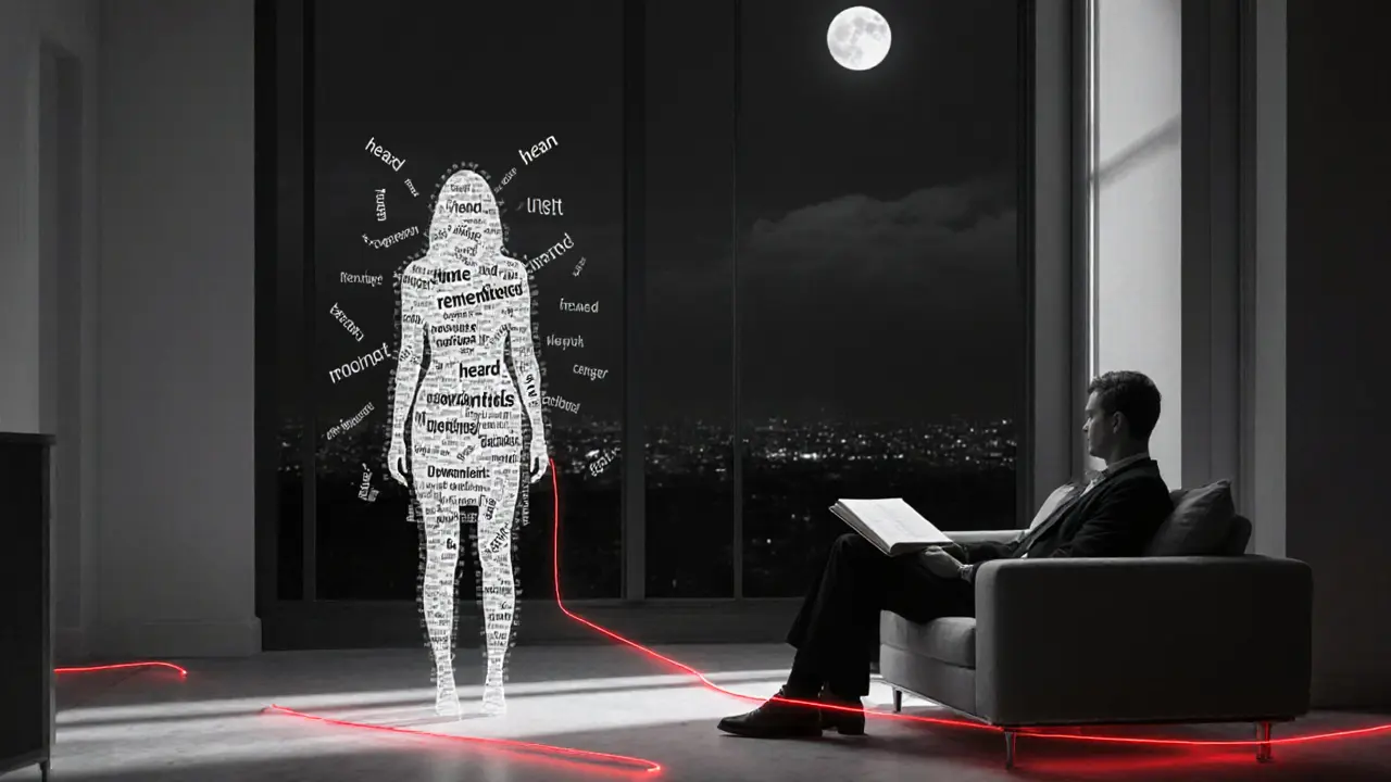 A transparent woman made of words stands in a minimalist room, connected by a glowing thread to a man holding an art book, symbolizing emotional presence.