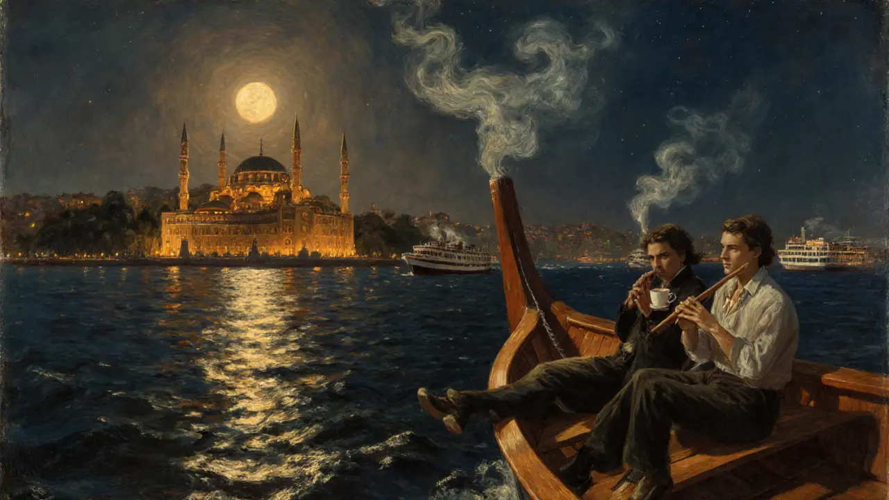 A vintage wooden night boat gliding on the Bosphorus under moonlight with passengers on the bow.