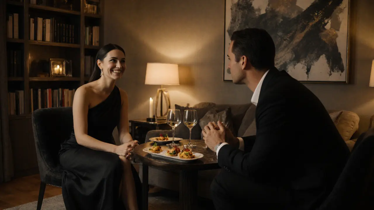 A woman and man having a quiet, respectful dinner in a Mayfair apartment, emphasizing companionship over intimacy.