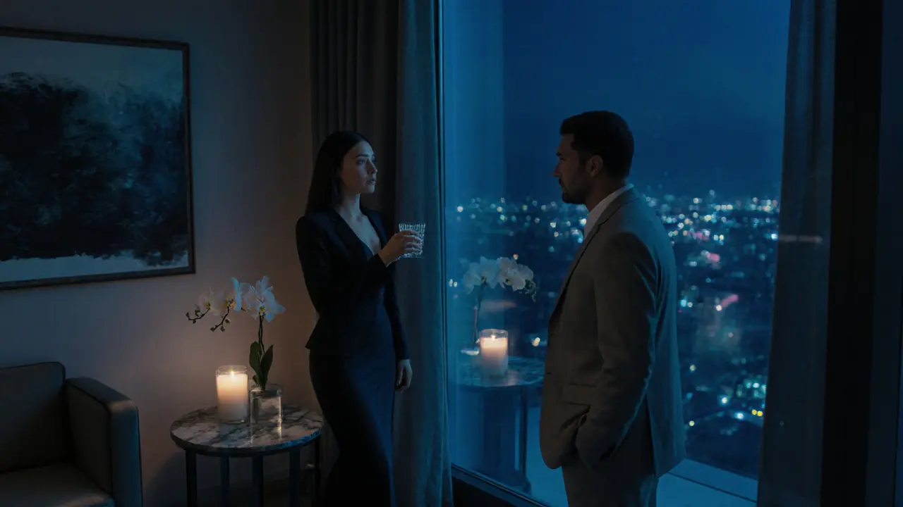A woman and man in elegant attire sharing a quiet moment in a luxury lounge, reflections visible in a window.