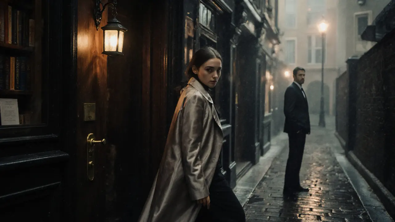 A woman entering a hidden courtyard bar in Mayfair, man waiting just outside, misty night atmosphere.