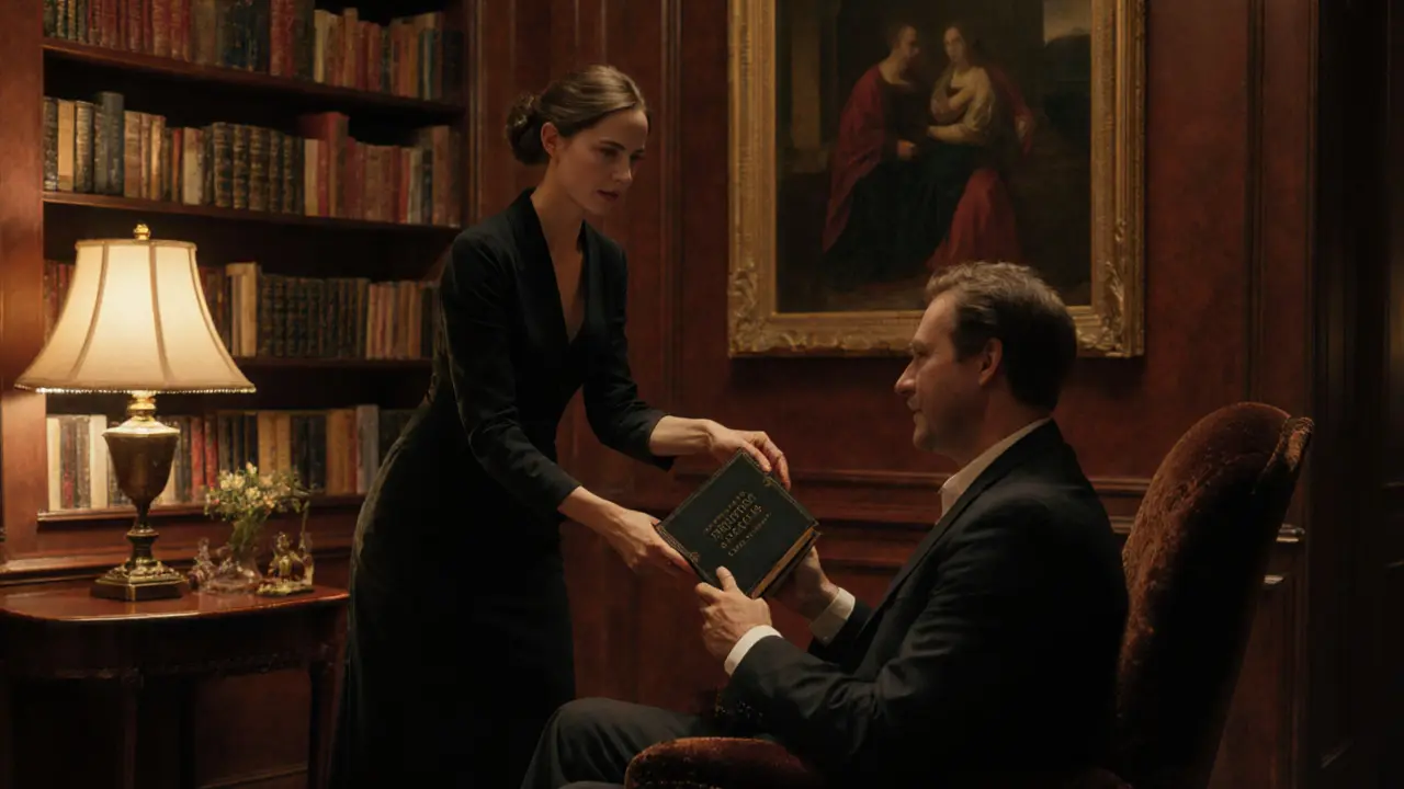 A woman offering a rare book to a man in a cozy, book-filled palazzo room with warm ambient light.