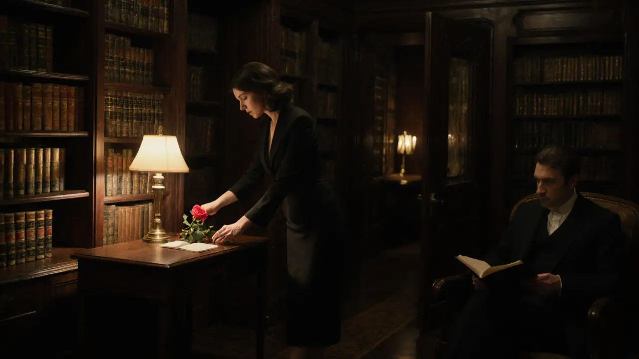 A woman placing a rose in a private library, man reading by lamplight, no one else present.