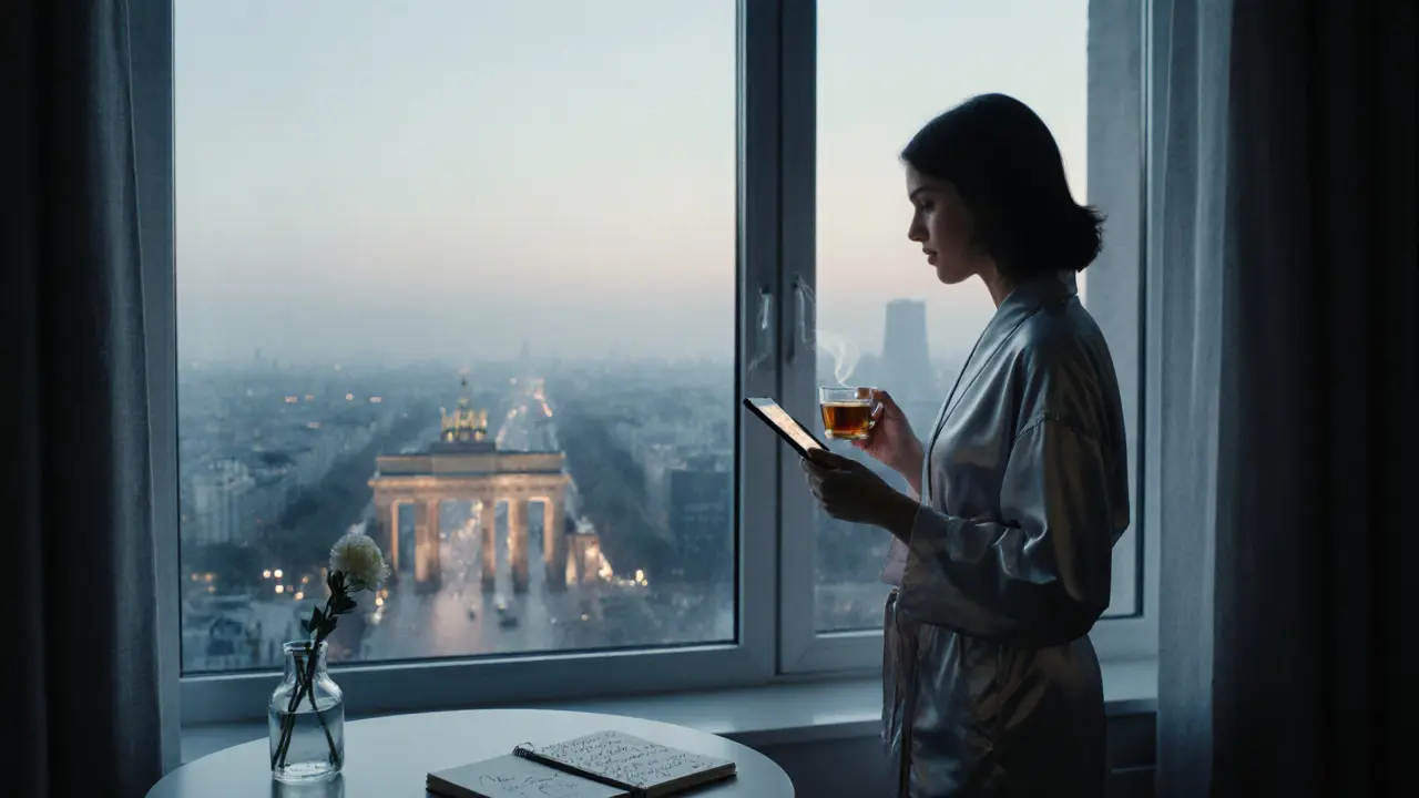 A woman stands alone at dawn in a Berlin apartment, gazing at the city with calm reflection and quiet strength.