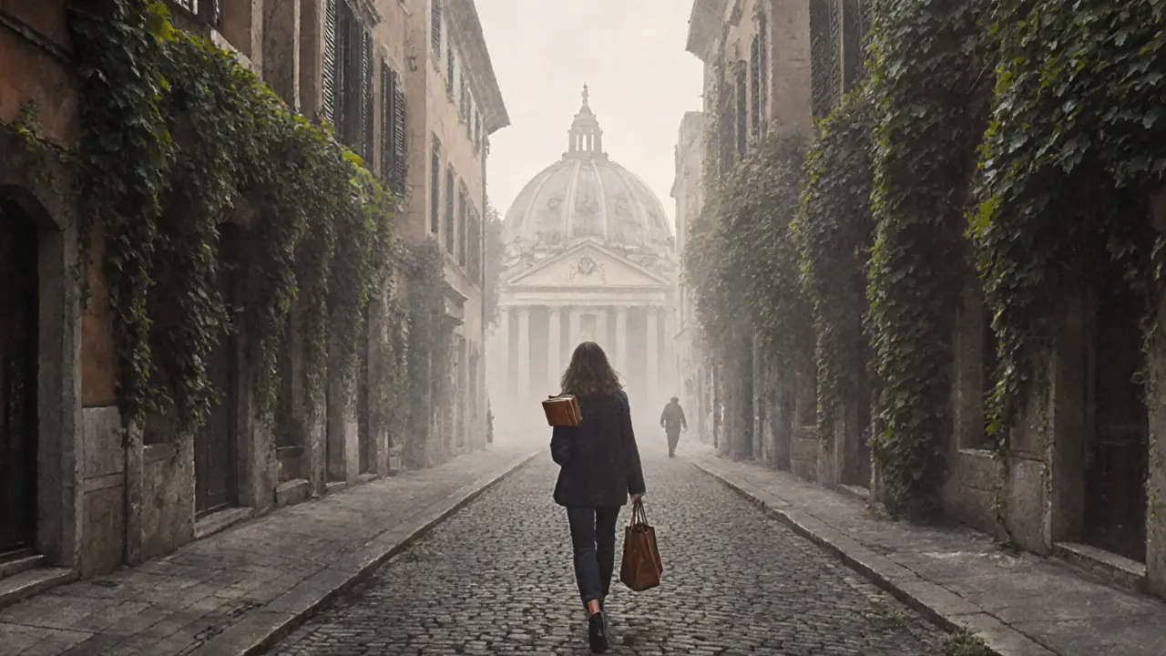 A woman walks alone through a misty alley in Milan&#039;s Brera district, holding a book.