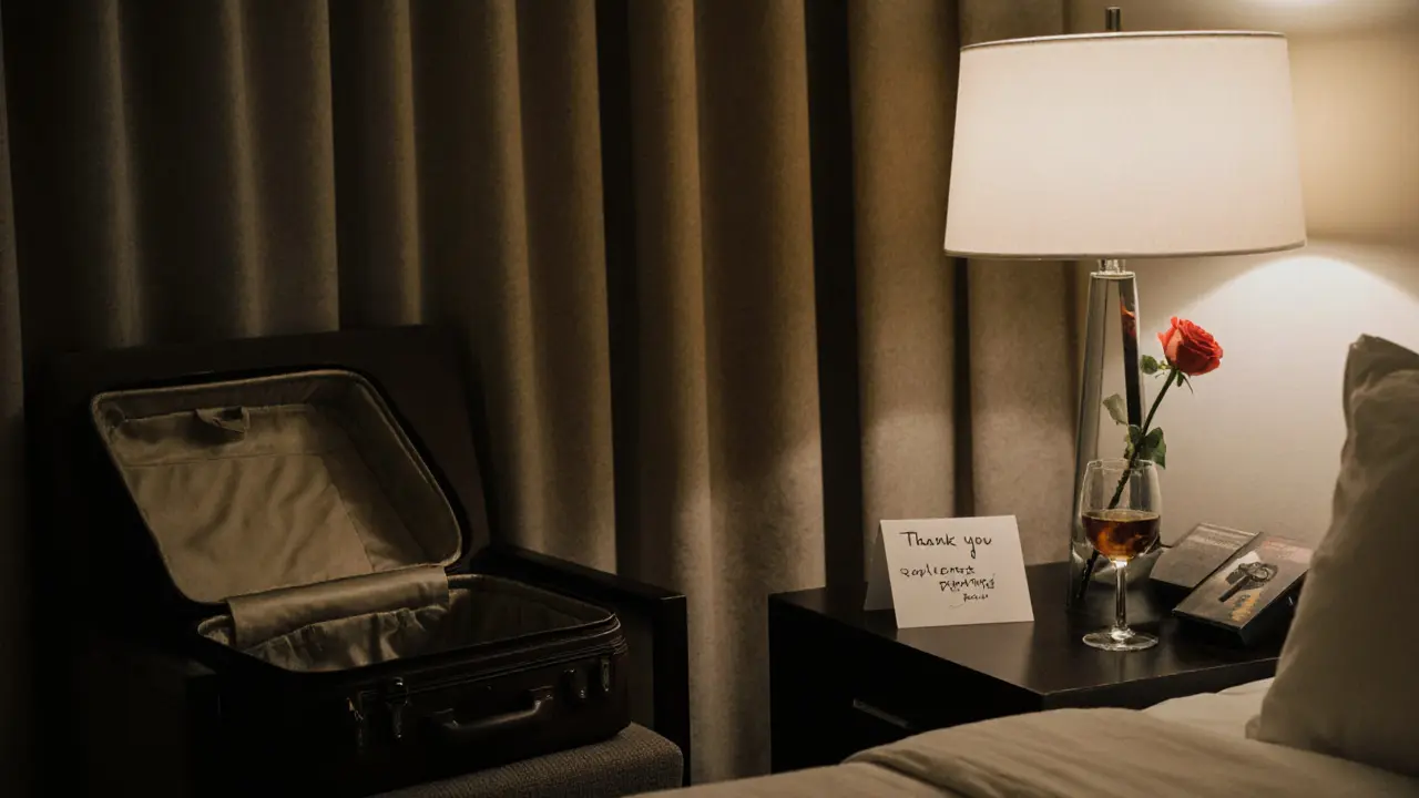 An empty hotel room with a handwritten note and a single rose, suggesting a meaningful, quiet evening.