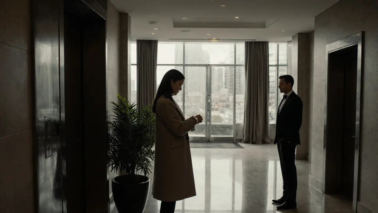 An escort and client meeting respectfully in a quiet hotel lobby, no physical contact, atmosphere calm and professional.