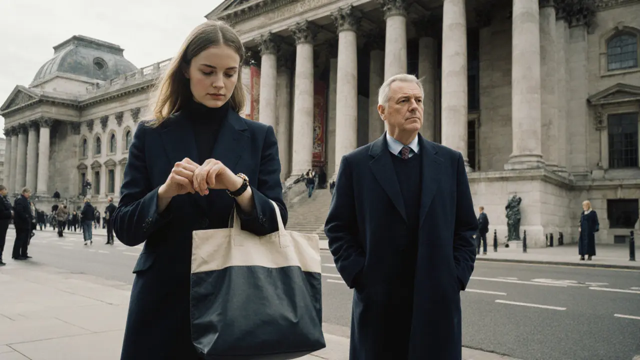 An independent escort waiting outside the National Gallery in London, dressed professionally.