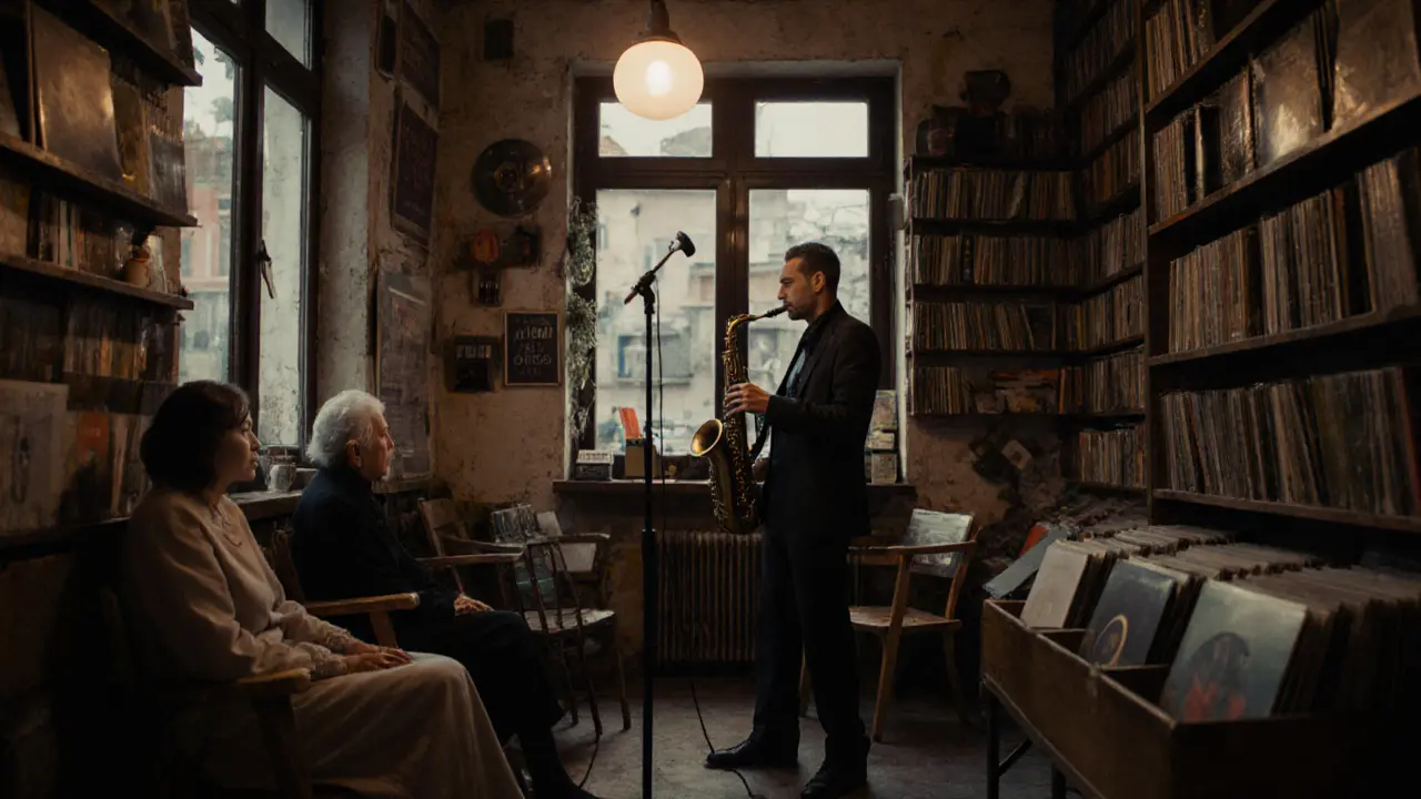 An intimate jazz club in Kadıköy where a saxophonist plays to a silent, attentive crowd among bookshelves.