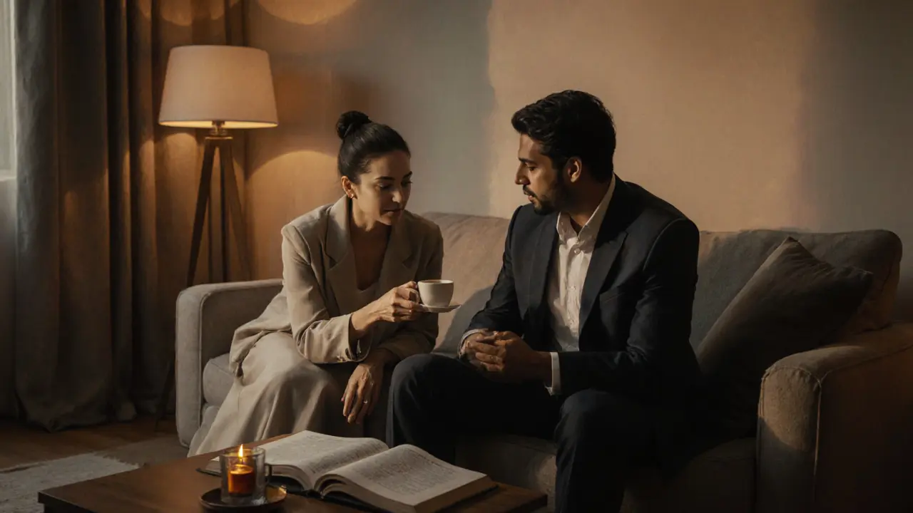 An older woman offering tea in a quiet living room, radiating calm presence.