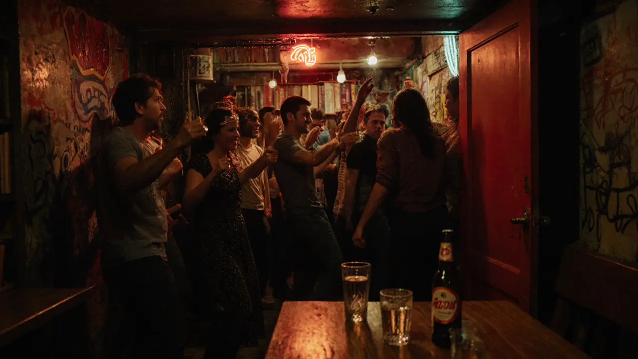 Basement club with neon lights and dancers, red door open to a crowd enjoying raw underground music.
