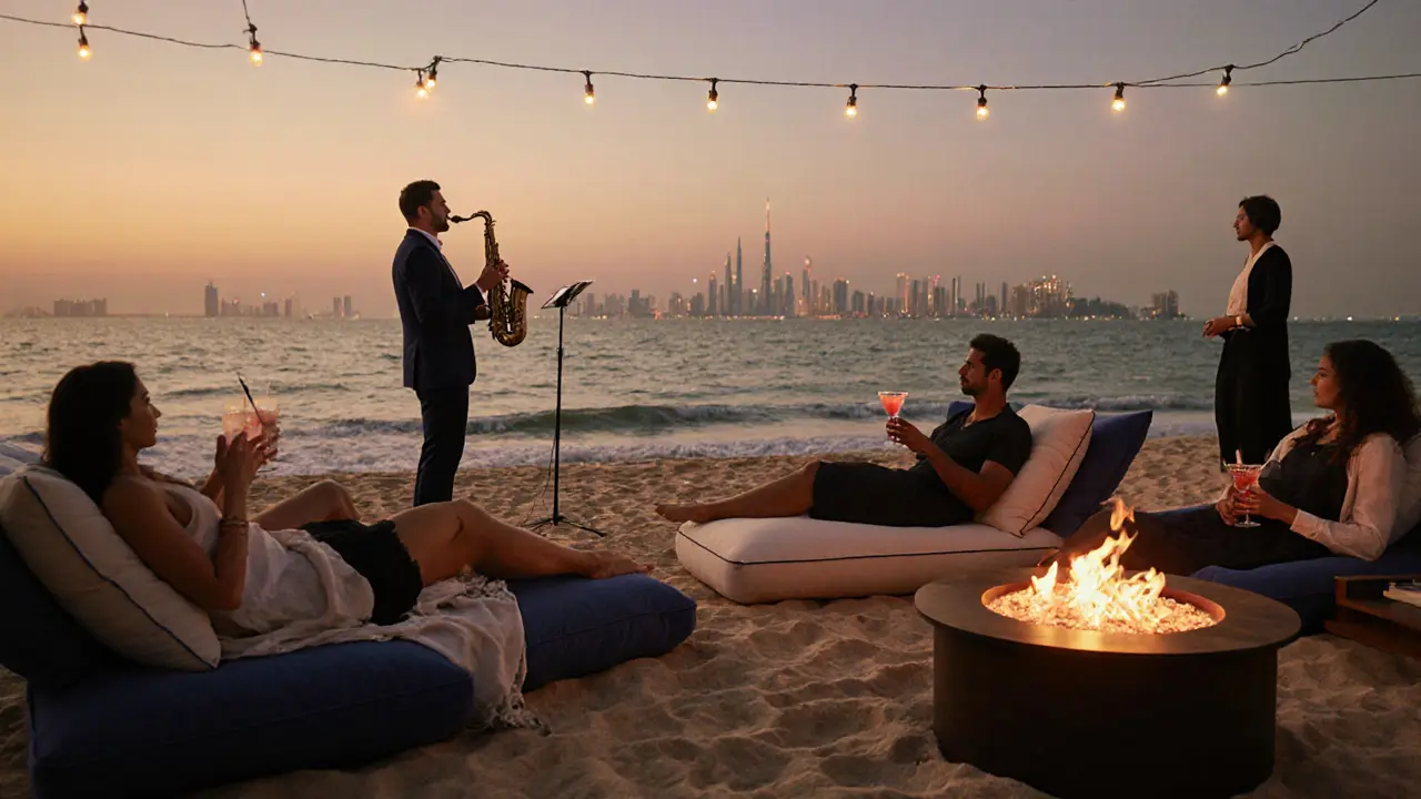 Beachside lounge with fire pits, guests relaxing by the sea under string lights at dusk.