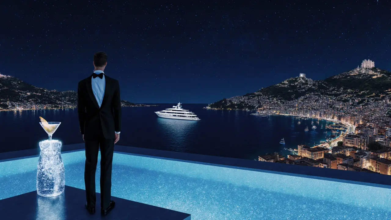 Blue Bay rooftop bar overlooking Monaco’s glittering skyline at night with a lone figure sipping champagne.