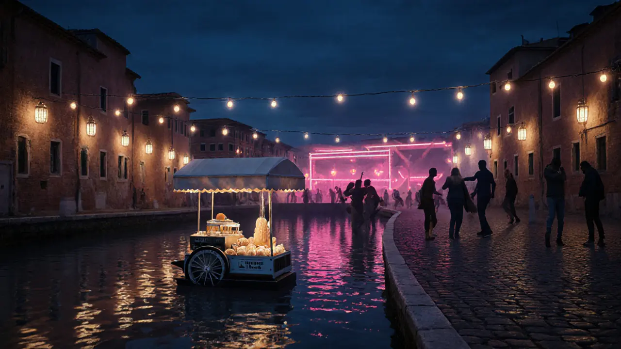 Canal lights and dancing silhouettes in Navigli under glowing string lanterns at night.