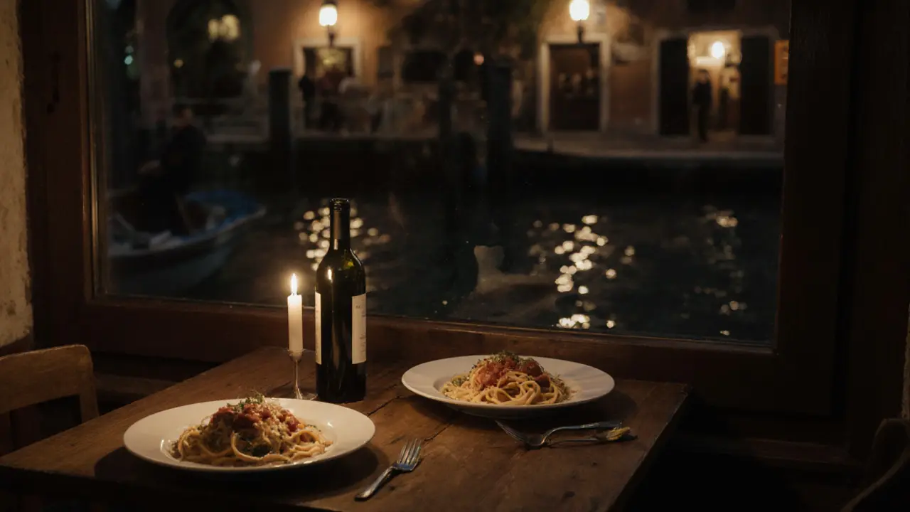Candlelit dinner by the Navigli canal with wine and pasta, soft reflections on dark water.