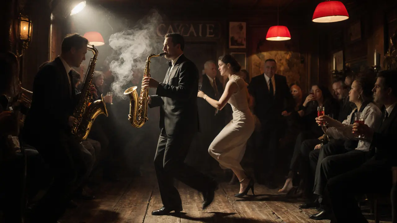 Couples dancing in a dim jazz club with a saxophonist playing on stage.