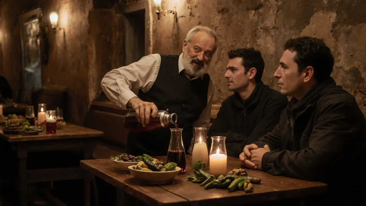 Cozy meyhane in Kadıköy with wine carafes, olives, and a smiling bartender.