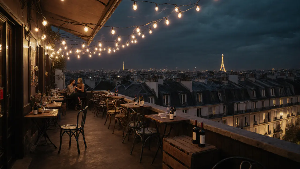Cozy Parisian rooftop with fairy lights and wine bottles, endless city rooftops glowing under midnight sky.