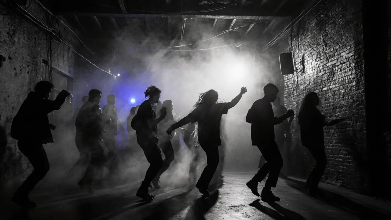 Crowd dancing in a dim, industrial warehouse club with atmospheric lighting.