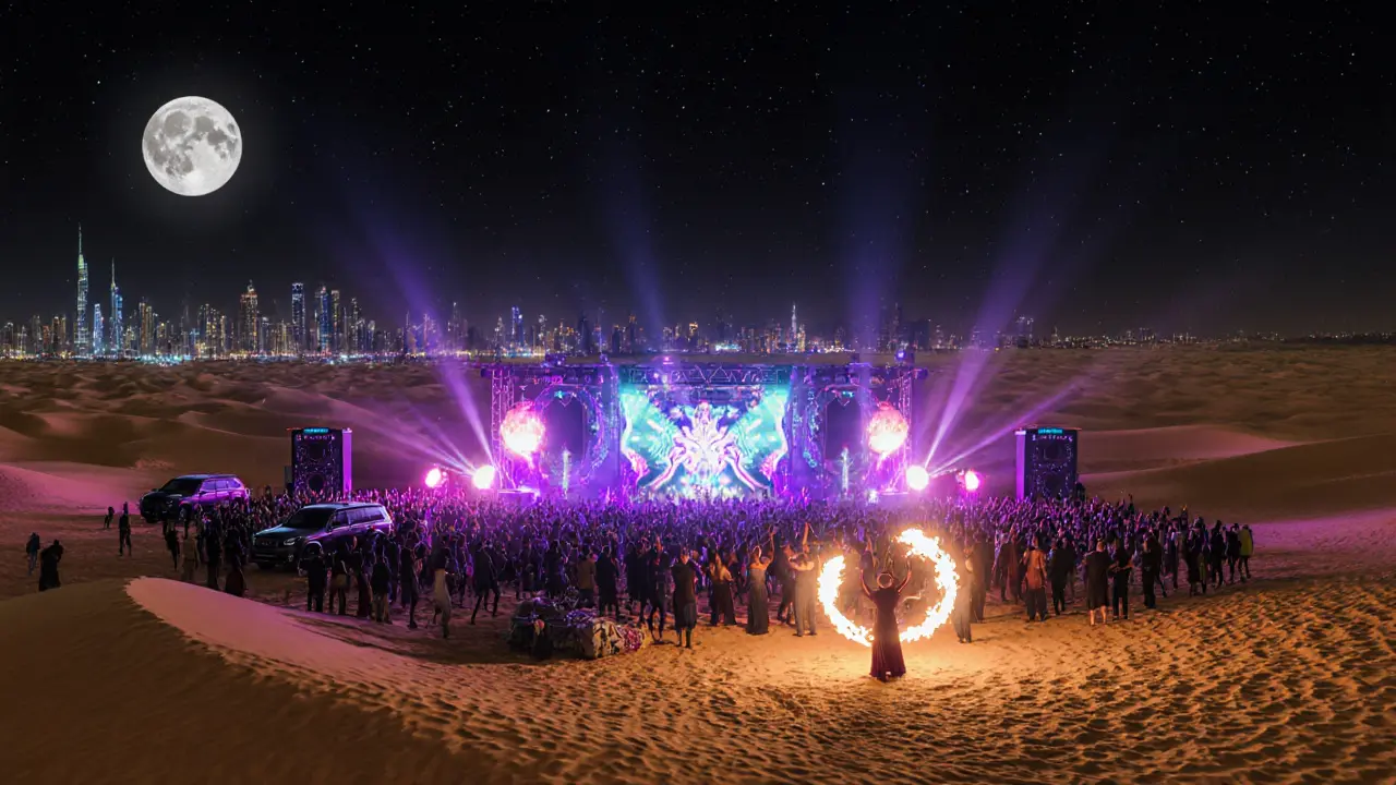 Desert rave under a full moon with neon lights, fire dancers, and Dubai skyline in distance.