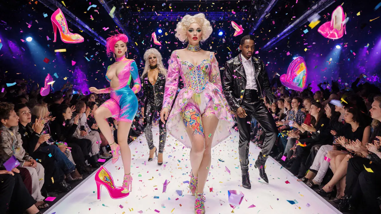 Drag performers in couture outfits dancing on a glowing runway amid a diverse crowd.