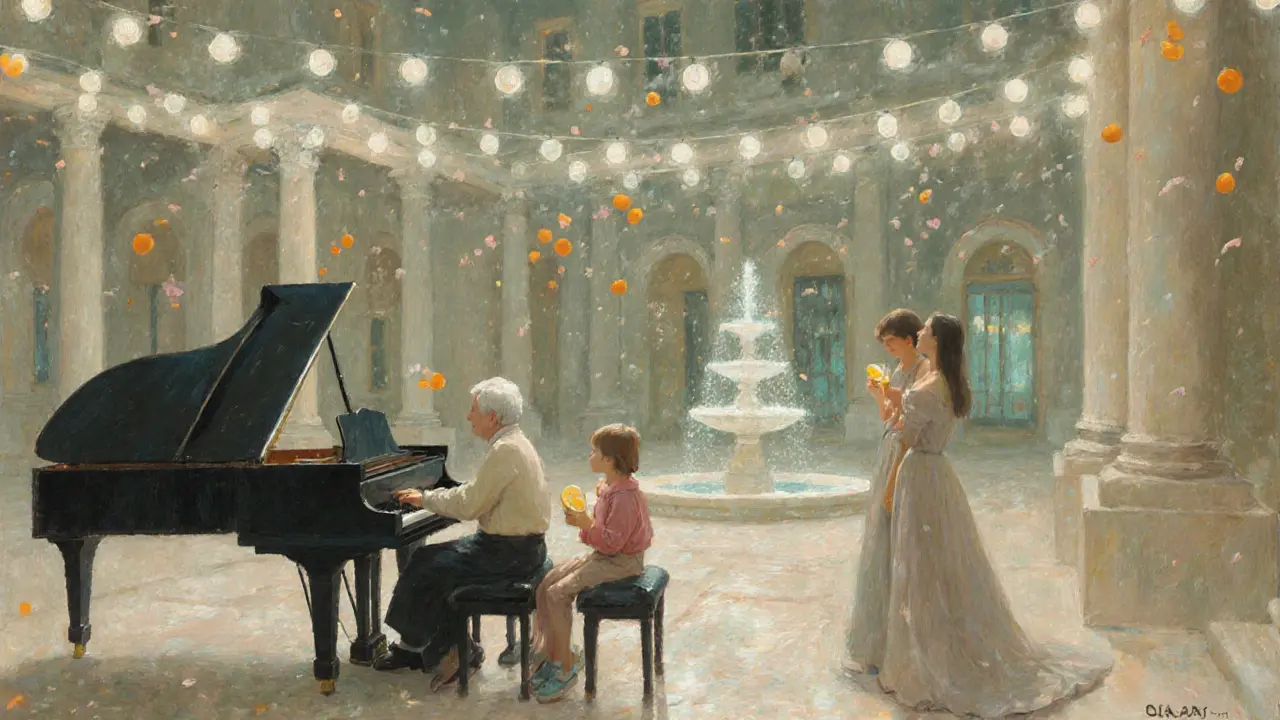 Elegant courtyard at Ciragan Palace with piano music, three generations enjoying lemonade under string lights.