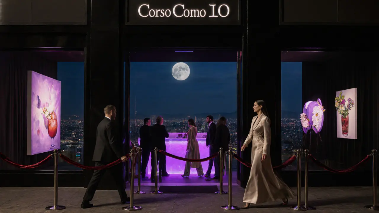 Elegant guests entering Corso Como 10 at night, surrounded by art and soft lighting in a luxury setting.