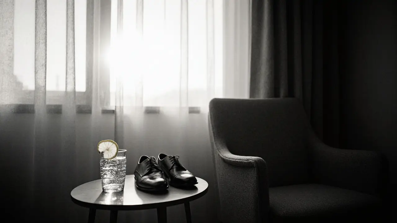 Empty armchair and a glass of sparkling water with lemon, hinting at a meaningful, unseen encounter.