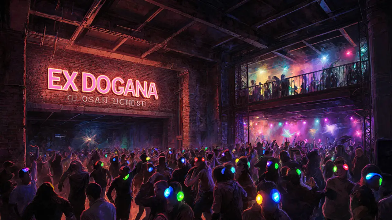 Ex Dogana nightclub with three dance rooms and people in silent disco wearing glowing headphones.