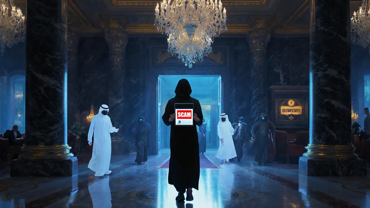 Expat walking through luxury hotel lobby, ghostly scam figures fading in floor reflection, path leading to cultural events.