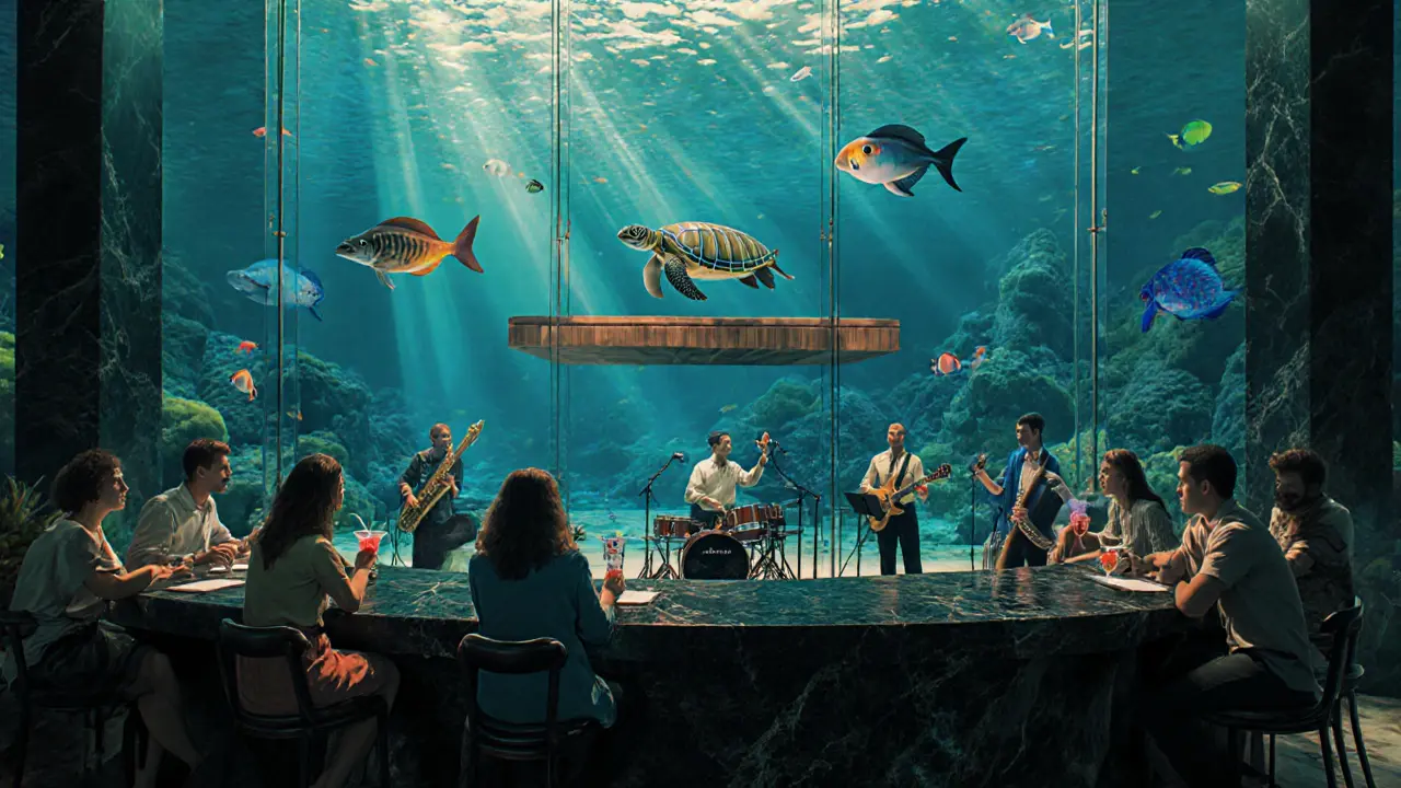 Guests at an underwater lounge watching stingrays glide past glass walls while a jazz trio plays above.