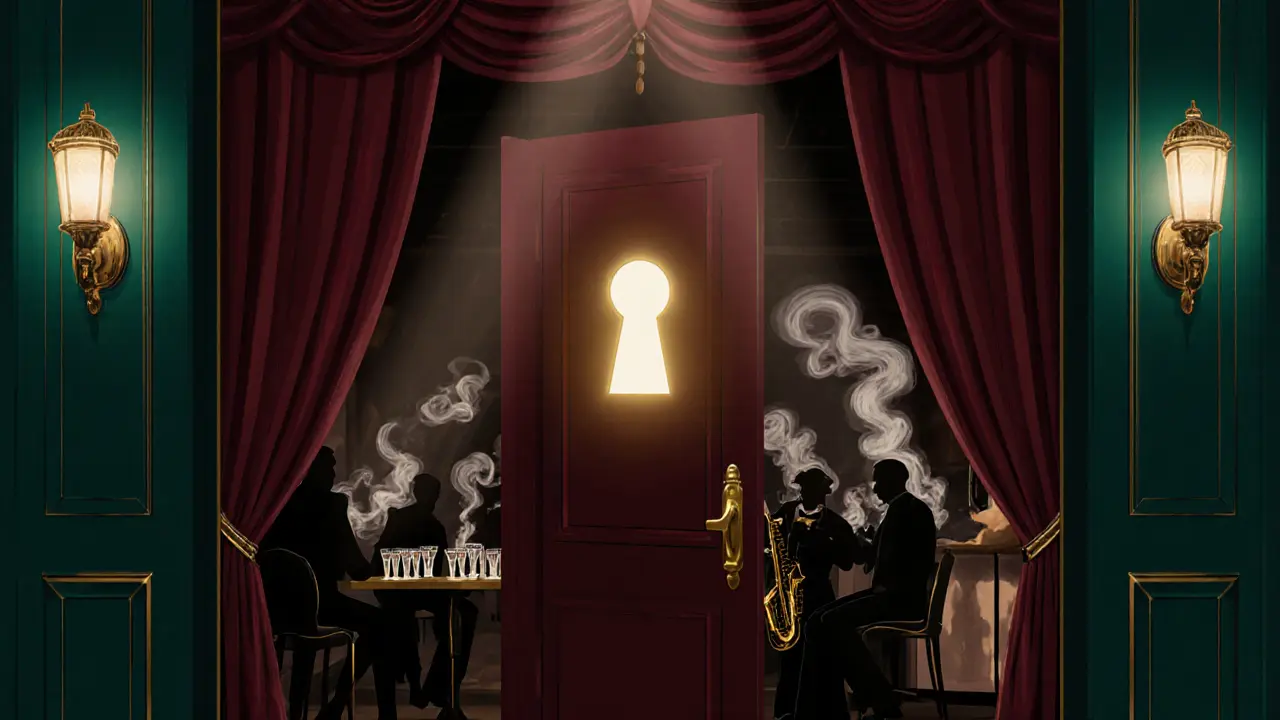 Hidden 1920s-style speakeasy with a glowing brass door, dim jazz lounge ambiance, no signs or text visible.