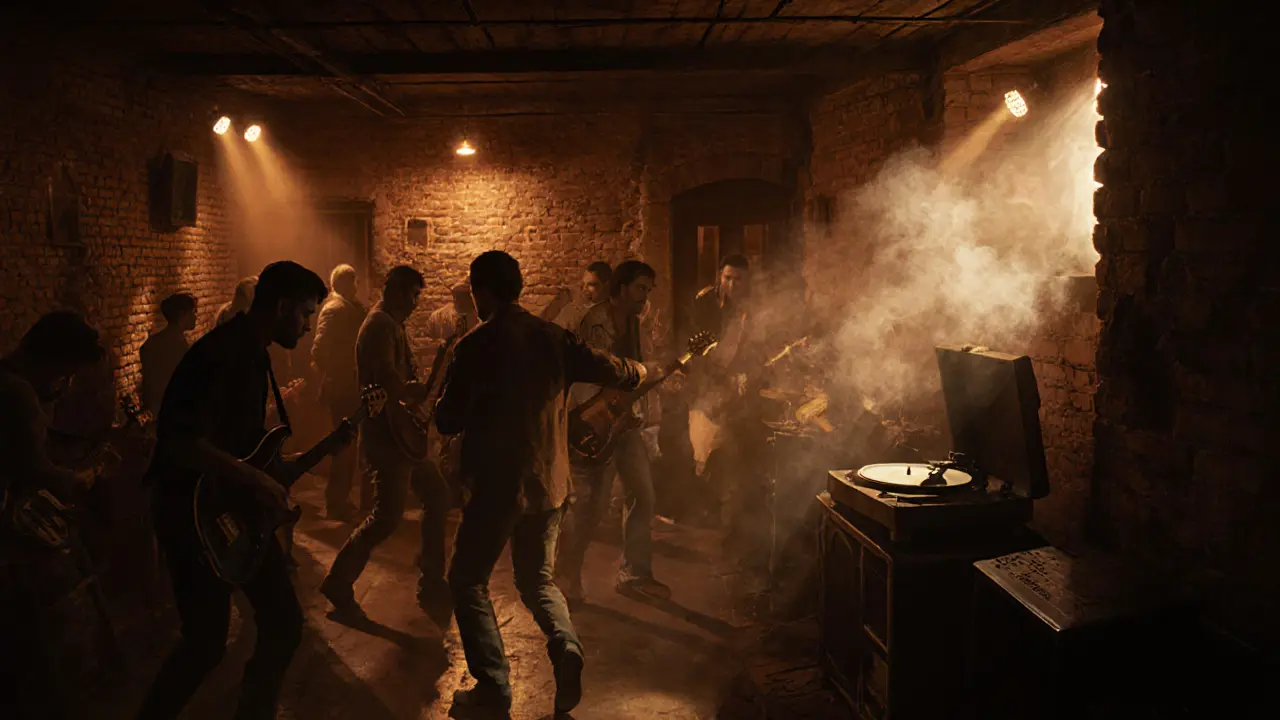 Hidden basement club in Karaköy with live music, vintage turntable, and dim amber lighting.