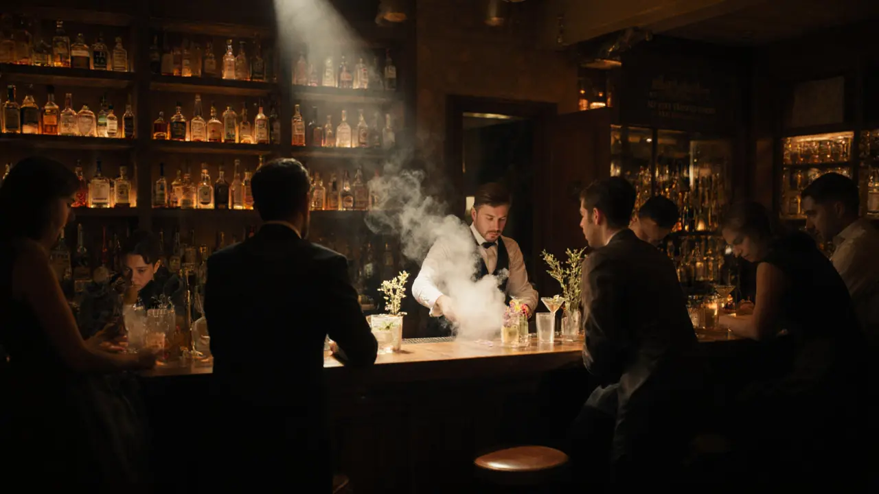 Hidden speakeasy bar with mixologists crafting smoky cocktails in dim, artistic lighting.