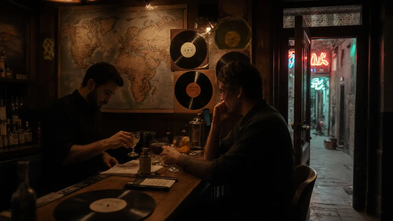 Hidden speakeasy bar with vintage decor and bartender mixing a unique drink