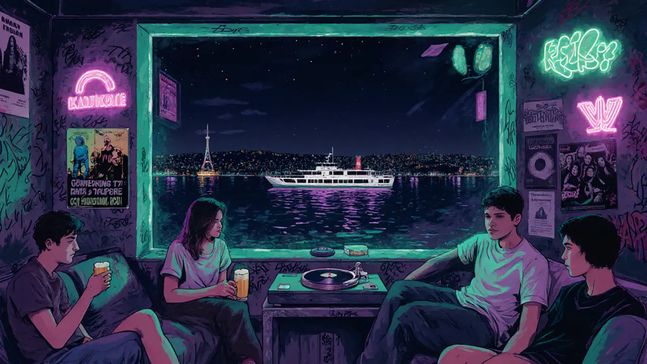 Indie bar in Kadikoy with vinyl records, young people on couches, Bosphorus ferry lights visible through window.