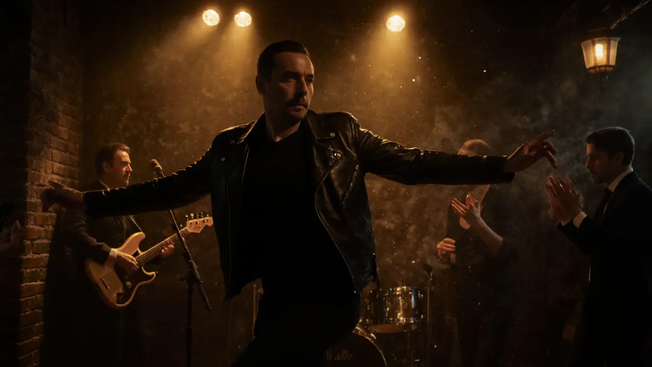 Jazz club interior with a dancer lost in music under warm spotlight and smoky ambiance.