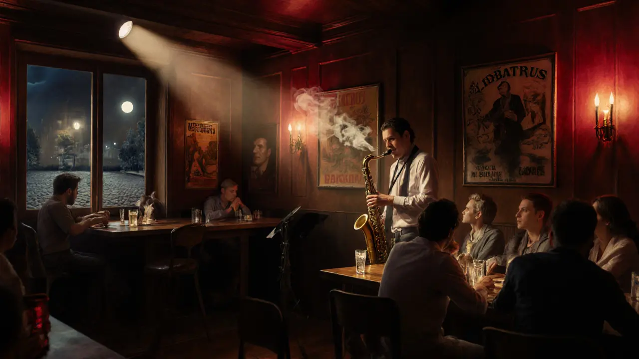 Jazz musician playing saxophone in a dimly lit Brera lounge with attentive patrons.