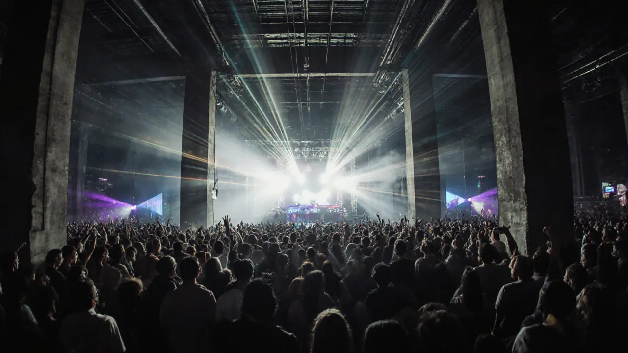 Massive warehouse rave at Printworks with strobe lights, fog, and thousands dancing under concrete pillars.