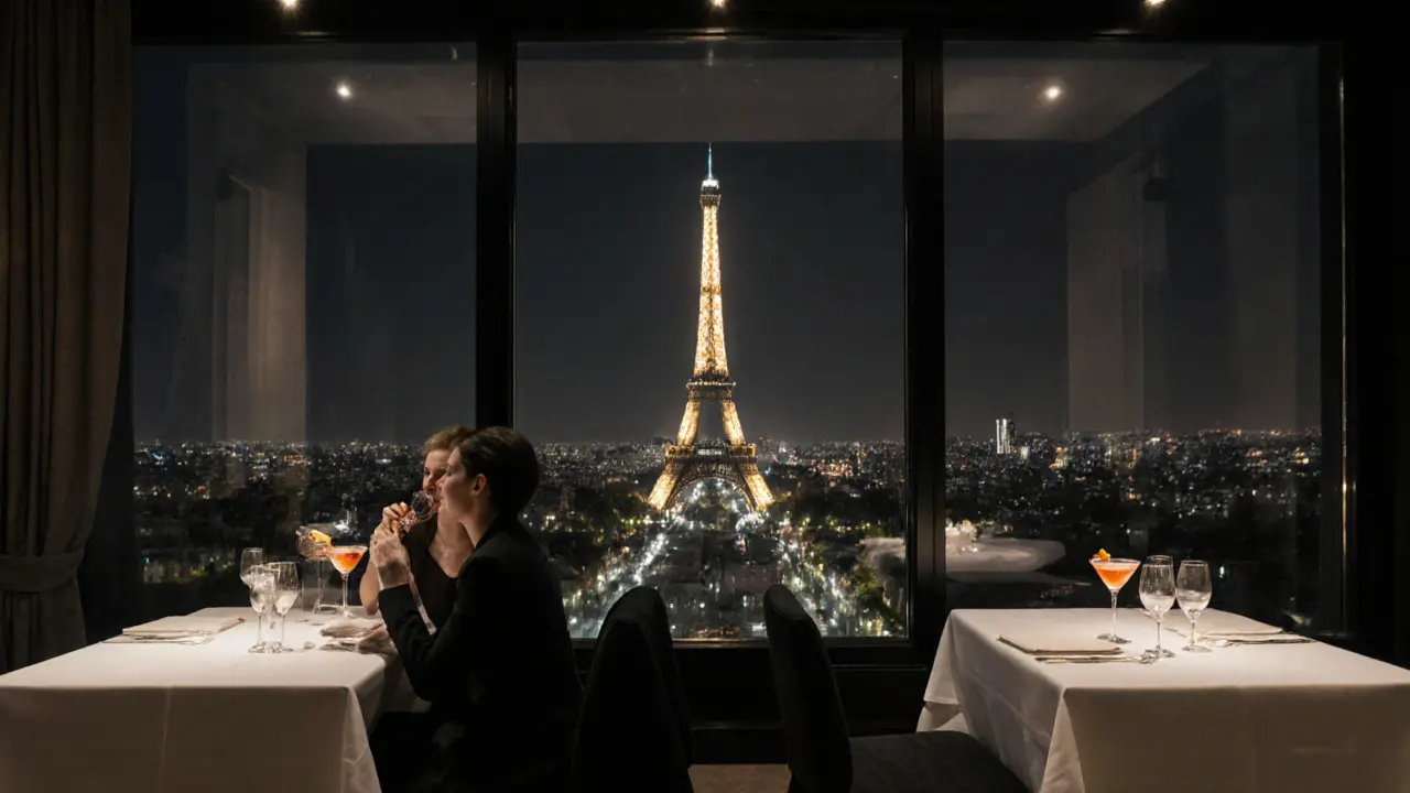 Minimalist rooftop bar with elegant view of illuminated Eiffel Tower, couple sipping cocktails in quiet night.