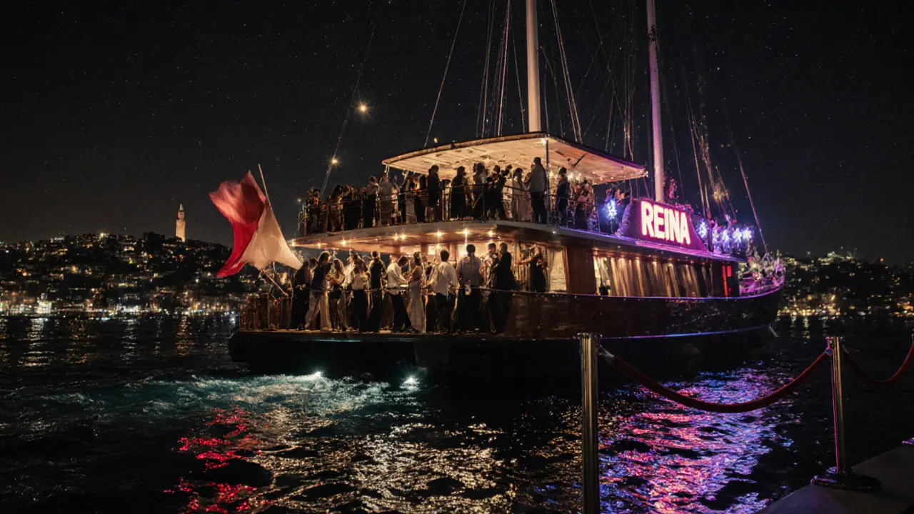 Nightclub on a yacht along the Bosphorus with dancers under stars and city lights