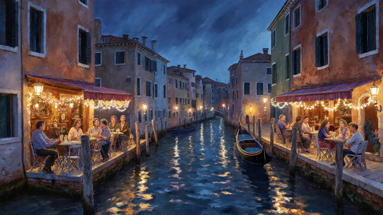 Nighttime scene of Milan&#039;s Naviglio Grande canal with lit bars and boats.